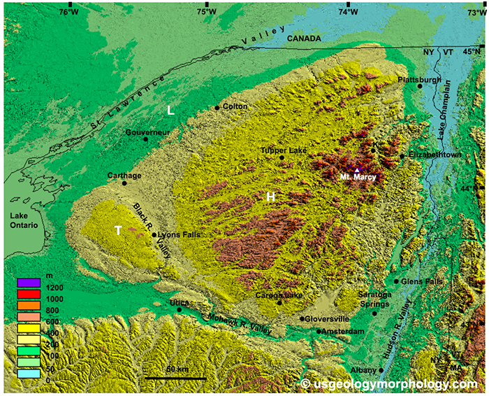 Elevation map of the Adirondack Mountains, New York